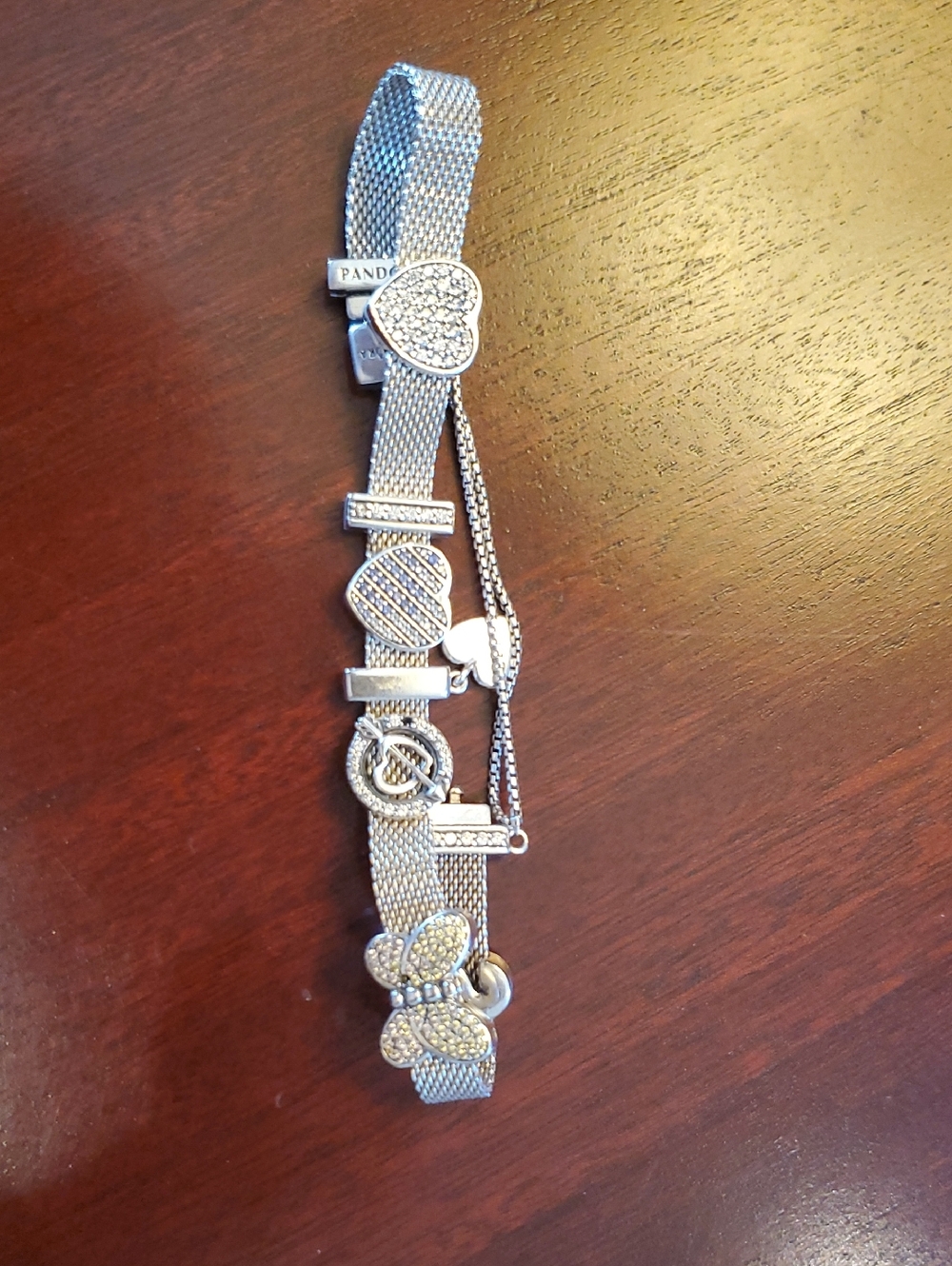 Pandora Silver Flat Mesh Charm Bracelet with Heart and Butterfly Accents